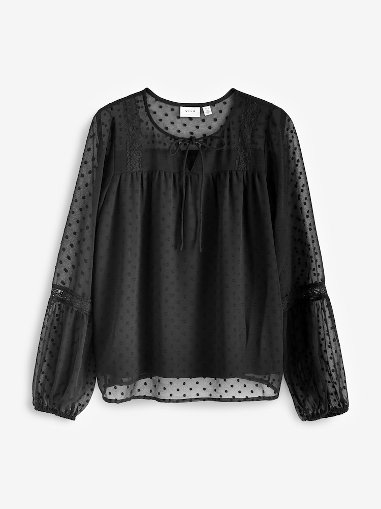 VILA Black Dobby and Lace Detail Blouse - Image 5 of 5