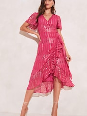 Lipsy Pink Metallic Flutter Sleeve Ruffled Wrap Midi Dress - Image 1 of 1
