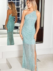 Sistaglam Sage Green One Shoulder Shirred Mesh Sequin Maxi Dress - Image 1 of 4