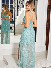 Sistaglam Sage Green One Shoulder Shirred Mesh Sequin Maxi Dress - Image 3 of 4
