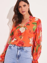 Lipsy Red Print Frill Ruffle V Neck Long Sleeve Blouse - Image 1 of 4
