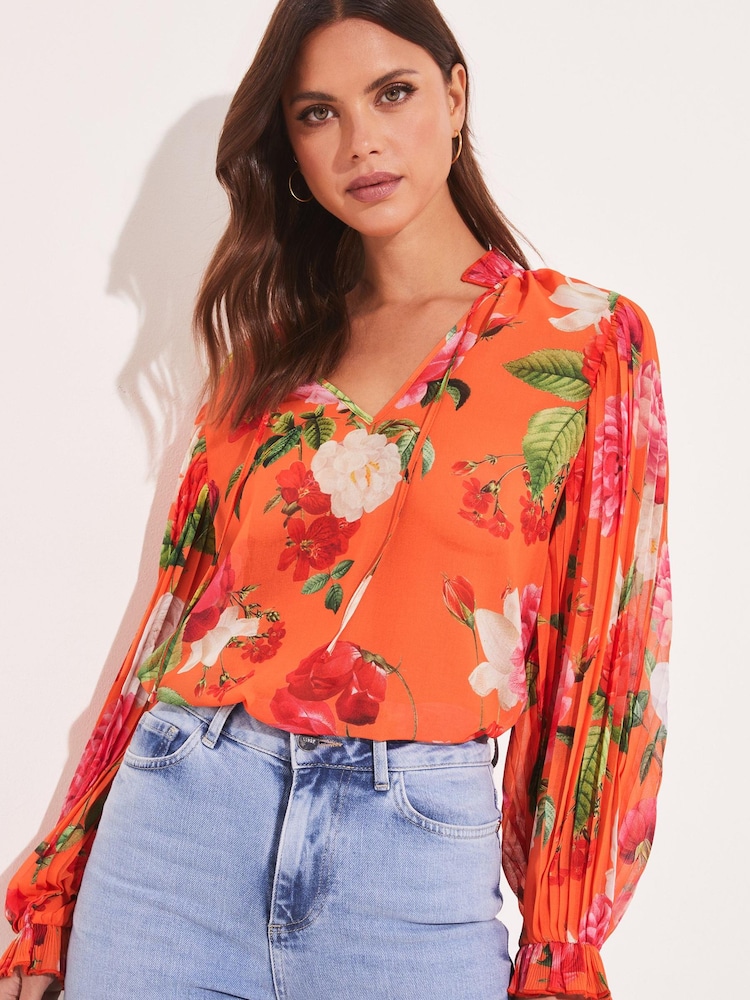 Lipsy Red Print Frill Ruffle V Neck Long Sleeve Blouse - Image 1 of 4 Lipsy Red Print Frill Ruffle V Neck Long Sleeve Blouse - Image 1 of 4
