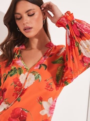 Lipsy Red Print Frill Ruffle V Neck Long Sleeve Blouse - Image 2 of 4