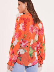 Lipsy Red Print Frill Ruffle V Neck Long Sleeve Blouse - Image 3 of 4