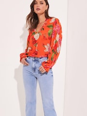 Lipsy Red Print Frill Ruffle V Neck Long Sleeve Blouse - Image 4 of 4