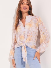 Lipsy Lilac Floral Print Tie Front Chiffon Grandad Shirt - Image 1 of 1