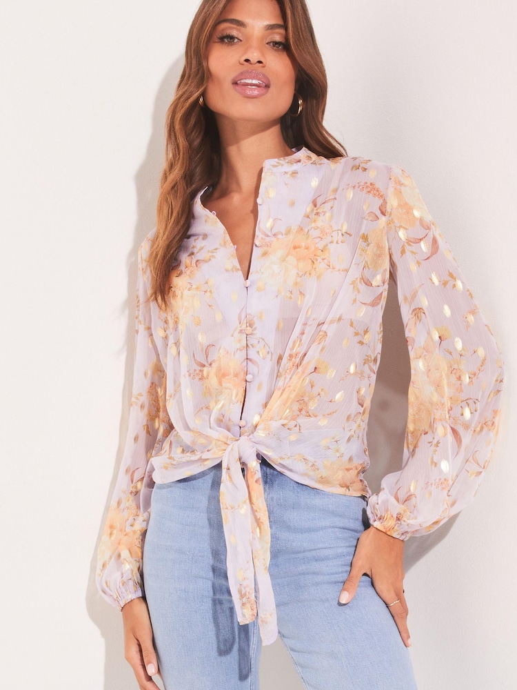 Lipsy Lilac Floral Print Tie Front Chiffon Grandad Shirt - Image 1 of 1 Lipsy Lilac Floral Print Tie Front Chiffon Grandad Shirt - Image 1 of 1
