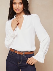 Lipsy White Frill Ruffle V Neck Long Sleeve Blouse - Image 1 of 4