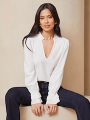 Lipsy White Frill Ruffle V Neck Long Sleeve Blouse - Image 4 of 4