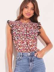 Lipsy Pink Floral Print Shirred Yoke Ruffle Sleeveless Round Neck Top - Image 1 of 4