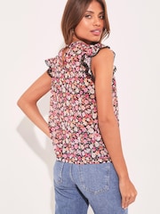 Lipsy Pink Floral Print Shirred Yoke Ruffle Sleeveless Round Neck Top - Image 3 of 4
