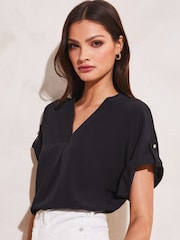 Lipsy Black Utility V Neck Short Roll Sleeve Top - Image 1 of 4