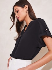 Lipsy Black Utility V Neck Short Roll Sleeve Top - Image 4 of 4