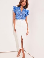 Lipsy Blue Pretty Frill Neck Tie Ruffle Short Sleeve Shell Top - Image 3 of 4