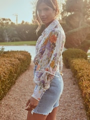 Lipsy White Floral Print Gold Foil Trim Front Button Up Blouse Shirt - Image 2 of 4