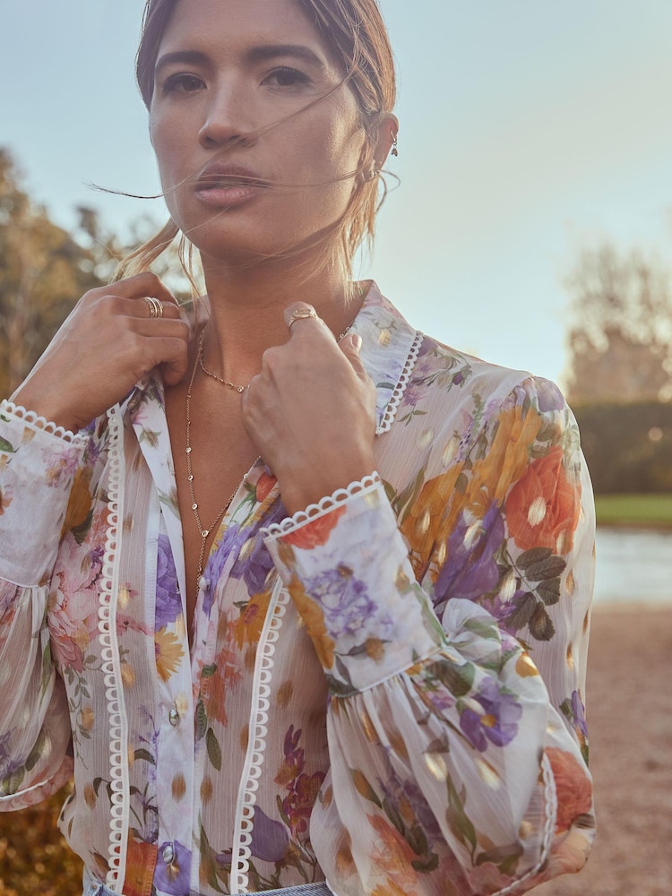 Lipsy White Floral Print Gold Foil Trim Front Button Up Blouse Shirt - Image 4 of 4