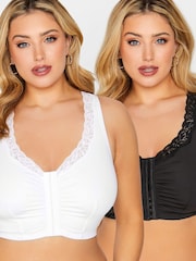 Yours Curve Black 2 Pack Lace Trim Front Fastening Bra - Image 1 of 5