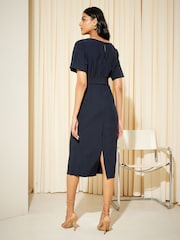 Friends Like These Navy Blue Tailored Short Sleeve Belted Midi Dress - Image 2 of 4