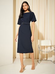 Friends Like These Navy Blue Tailored Short Sleeve Belted Midi Dress - Image 3 of 4