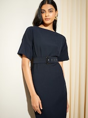 Friends Like These Navy Blue Tailored Short Sleeve Belted Midi Dress - Image 4 of 4