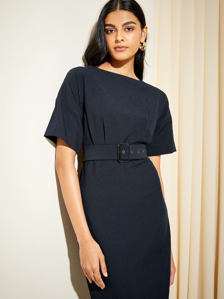 Friends Like These Navy Blue Tailored Short Sleeve Belted Midi Dress - Image 4 of 4