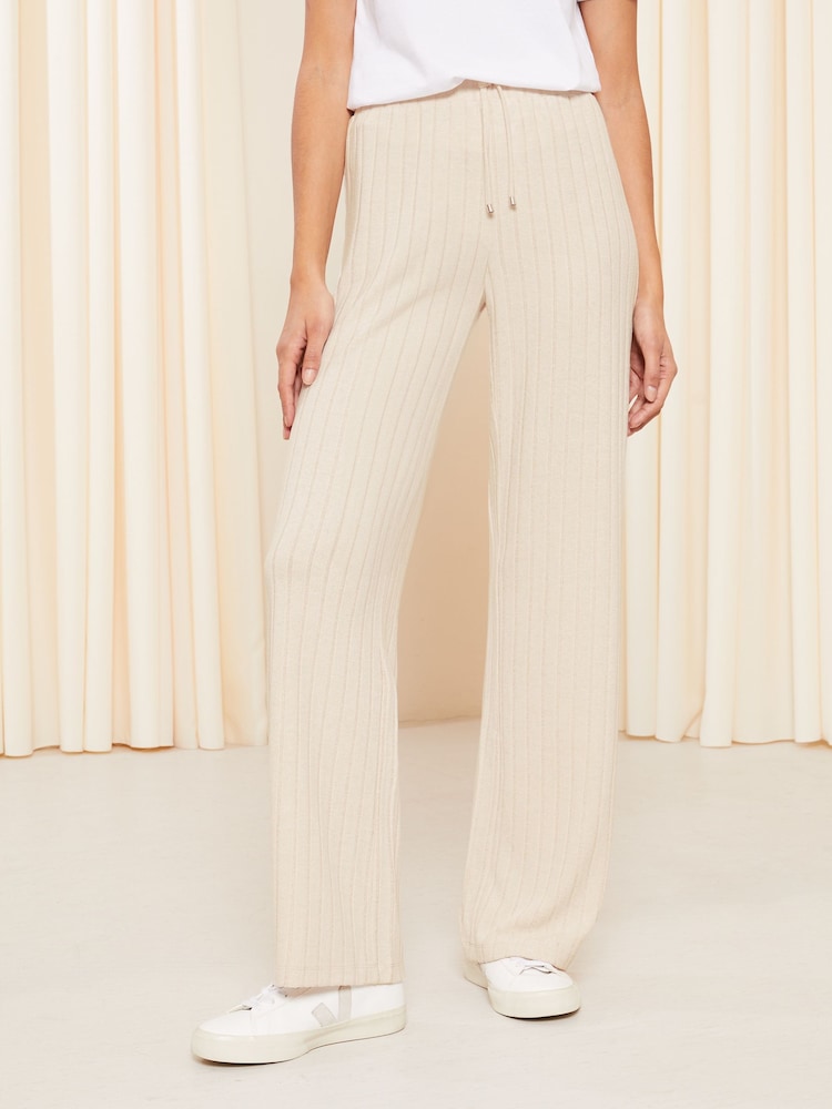 Friends Like These Nude Pink Cosy Jersey Wide Leg Rib Trousers - Image 1 of 4