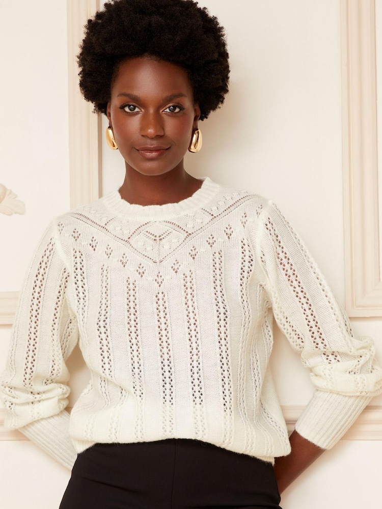 Love & Roses Ivory White Contrast Bow Back Pointelle Jumper - Image 1 of 4