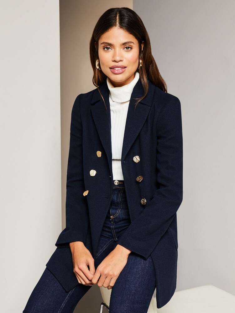 Lipsy Navy Blue Petite Hammered Button Dolly Coat - Image 4 of 4