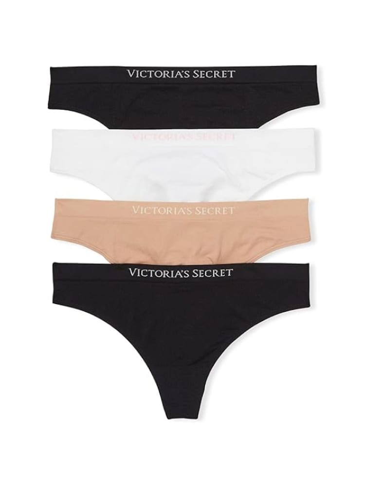 Victoria's Secret Black/Nude/White Thong Logo 4 Pack Knickers - Image 1 of 3