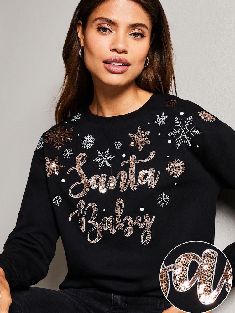 Lipsy Black Multi Sequin Christmas Round Neck Jumper - Image 2 of 4