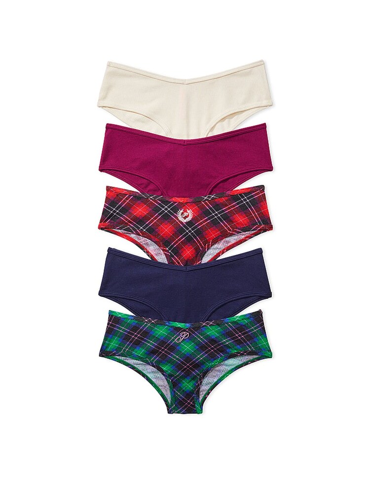 Victoria's Secret PINK Blue/Green/Red/White/Pink Waffle & Rib Cheeky Cotton 5 Pack Knickers - Image 1 of 1