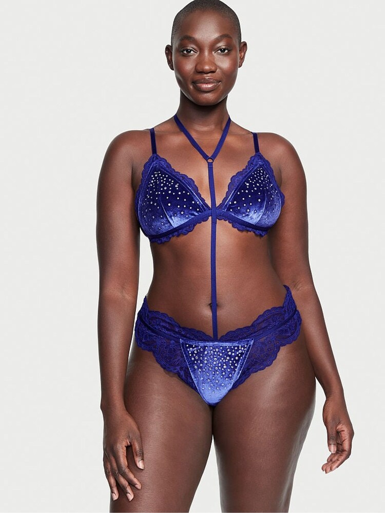 Victoria's Secret Night Ocean Blue Embellished Velvet Bodysuit - Image 1 of 3