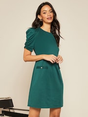 Friends Like These Green Short Puff Sleeve Round Neck Shift Dress - Image 1 of 4