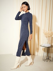 Friends Like These Navy Blue Soft Touch High Neck Long Sleeve Split Sides Column Knit Midi Dress - Image 1 of 4