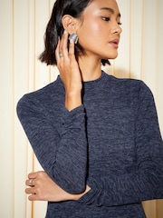 Friends Like These Navy Blue Soft Touch High Neck Long Sleeve Split Sides Column Knit Midi Dress - Image 2 of 4