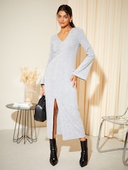 Friends Like These Grey Soft Touch Rib V Neck Knit Midi Dress - Image 1 of 4