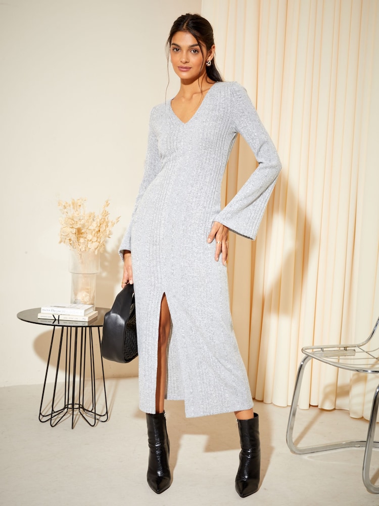Friends Like These Grey Soft Touch Rib V Neck Knit Midi Dress - Image 1 of 4 Friends Like These Grey Soft Touch Rib V Neck Knit Midi Dress - Image 1 of 4
