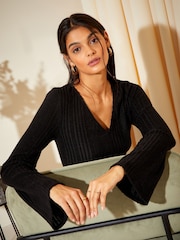 Friends Like These Black Soft Touch Rib V Neck Knit Midi Dress - Image 2 of 4