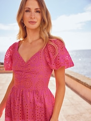 Friends Like These Pink All Over Broderie Sweetheart Midi Dress - Image 3 of 4