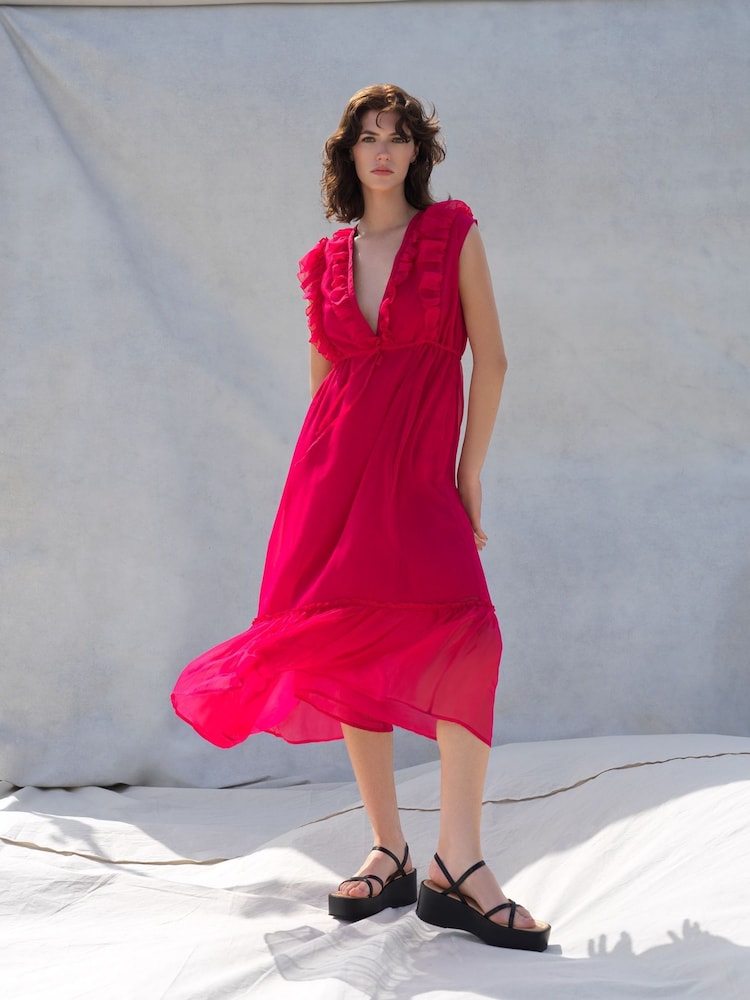 Great Plains Hot Pink High Summer Crinkle V Neck Dress - Image 1 of 4