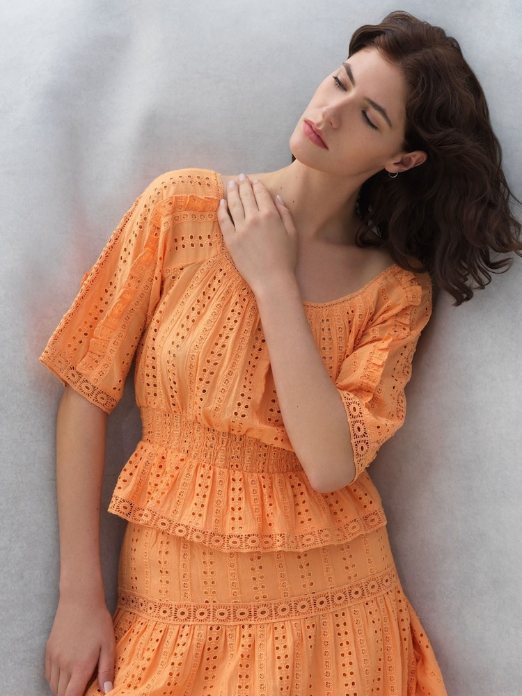Great Plains Orange Summer Embroidery Square Neck Top - Image 1 of 4