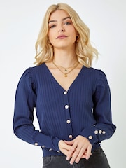 Gerippte Strickjacke mit Puffärmeln, Lavendel - Bild 1 von 5