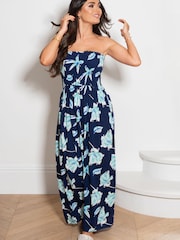Pour Moi Navy Blue Tropical Removable Straps Shirred Bodice Maxi Dress - Image 1 of 4