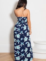 Pour Moi Navy Blue Tropical Removable Straps Shirred Bodice Maxi Dress - Image 3 of 4