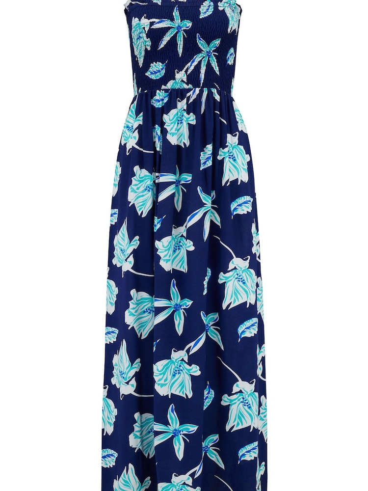 Pour Moi Navy Blue Tropical Removable Straps Shirred Bodice Maxi Dress - Image 4 of 4