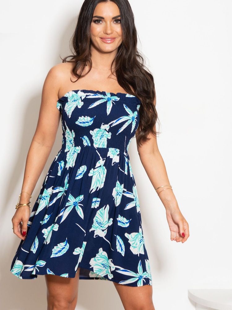 Pour Moi Navy Blue Troical Removable Straps Shirred Bodice Short Dress - Image 1 of 5