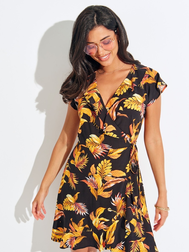 Pour Moi Black/ Gold Woven Ecovero Frill Wrap Dress - Image 3 of 5