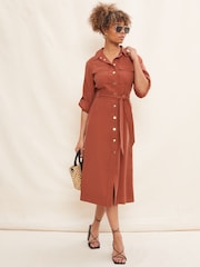 Friends Like These Red Utility Belted Long Sleeve Midi Shirt Dress - Image 1 of 4