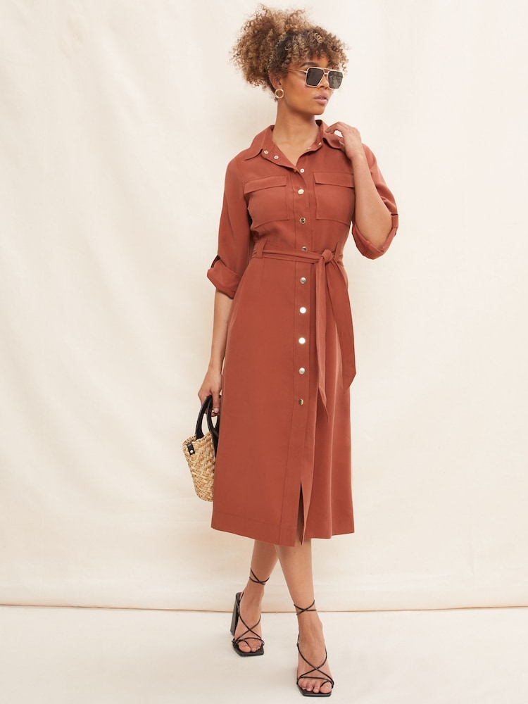Friends Like These Red Utility Belted Long Sleeve Midi Shirt Dress - Image 1 of 4