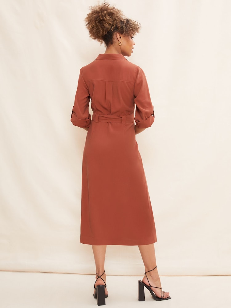 Friends Like These Red Utility Belted Long Sleeve Midi Shirt Dress - Image 2 of 4